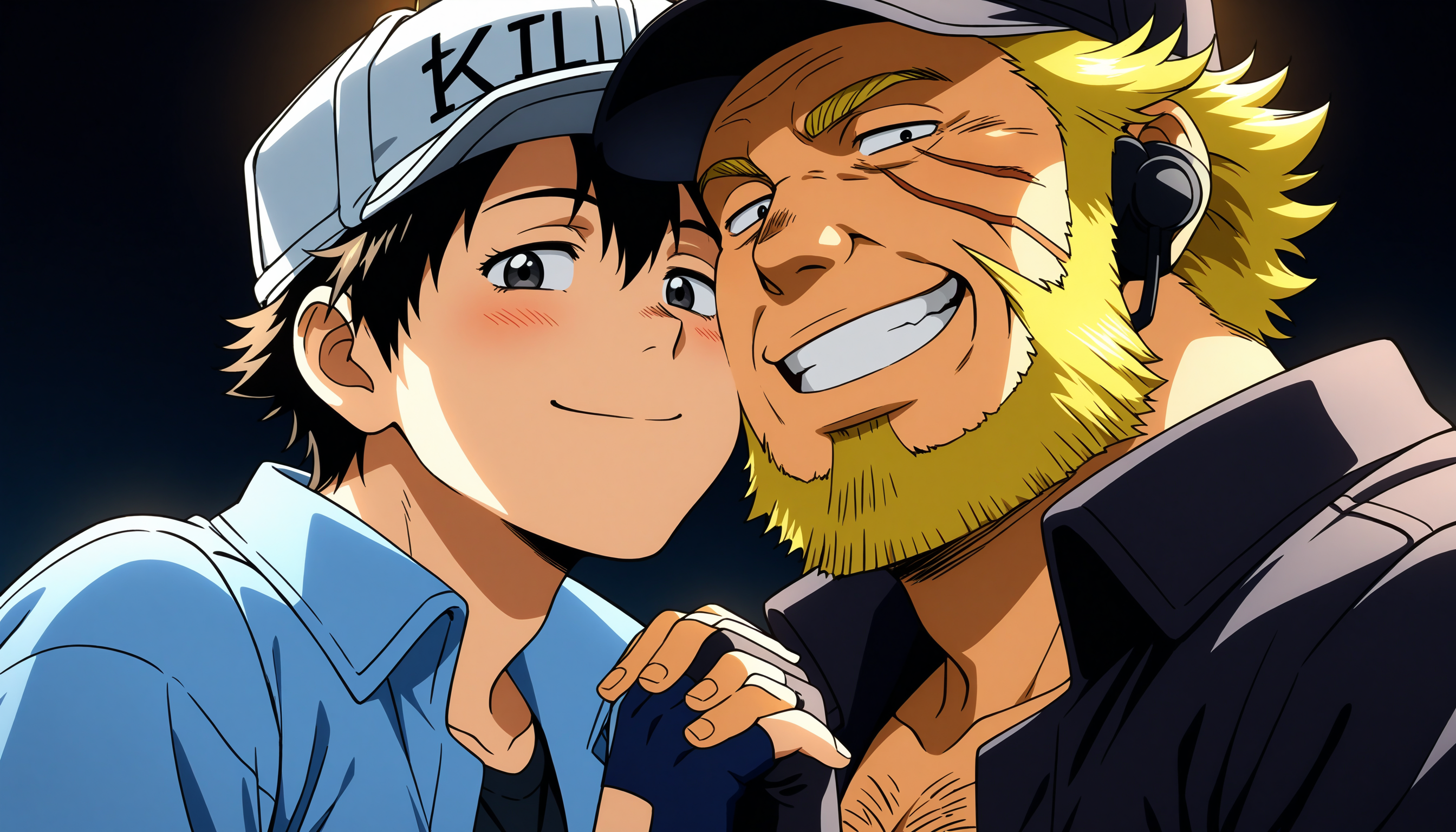 01518-663038180-2boys, close-up, portrait, standing, interlocked fingers, cheek-to-cheek, face-to-face, looking at viewer,_grin, half-closed eye.png